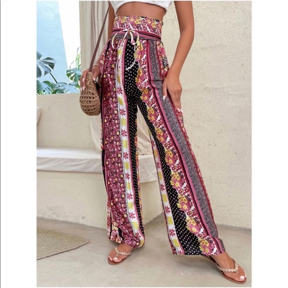 Boho Paisley Floral Polka Dot Print High Waist Rise Palazzo Wide Leg Pants - Picture 8 of 11